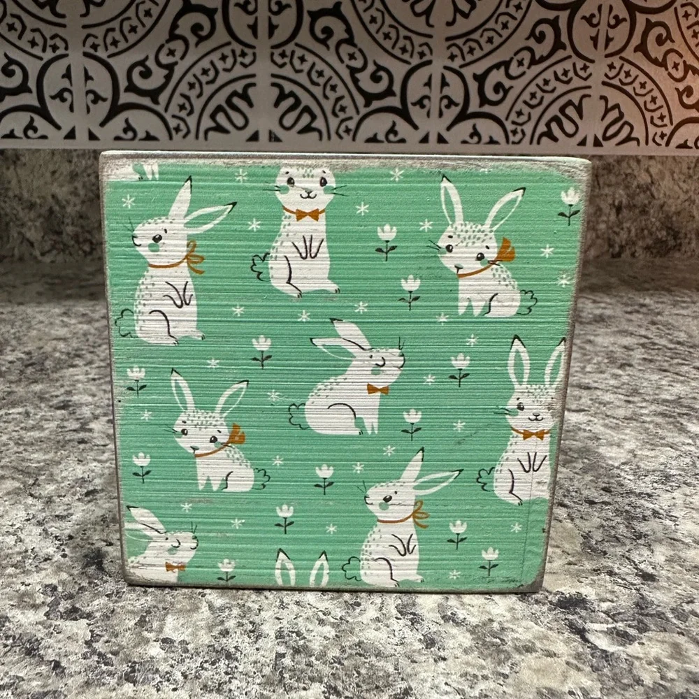 Easter, Spring Decor Wooden Block, Rustic Rabbits, Cube
